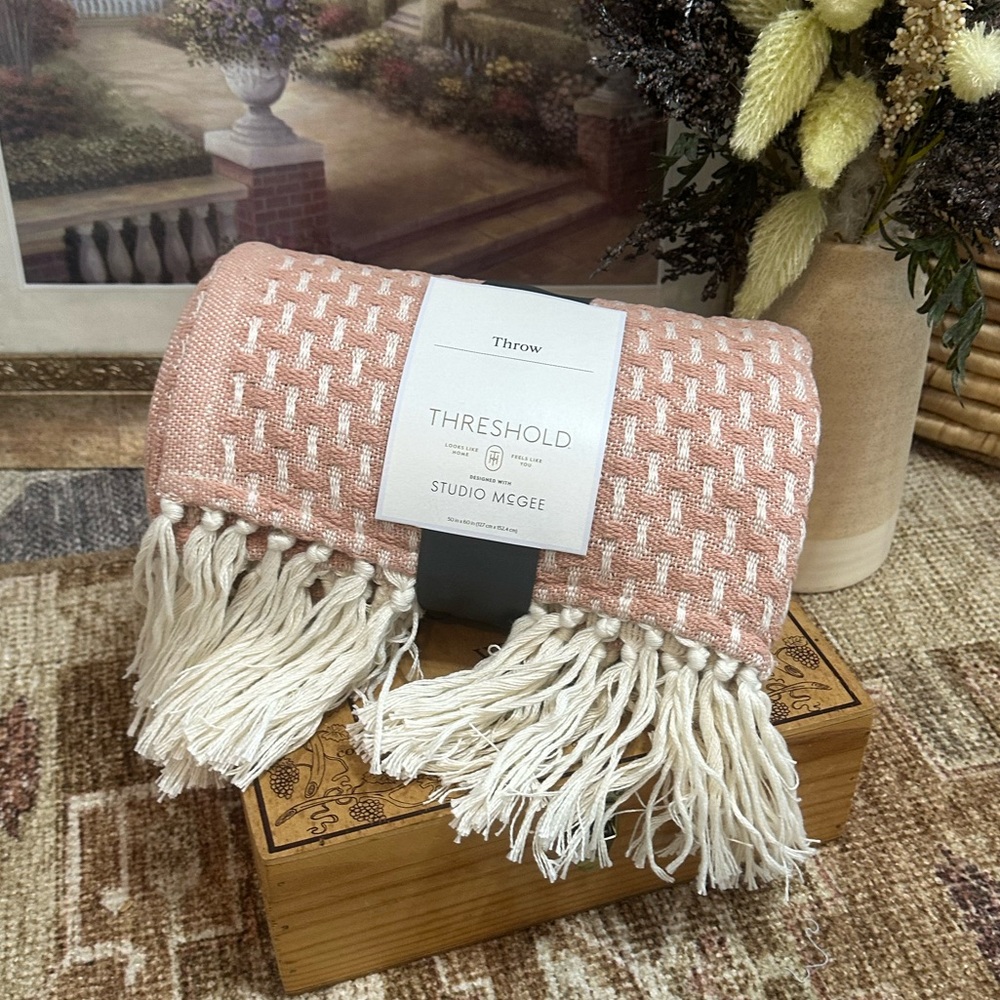 Studio McGee New Woven Pattern Cotton Blend Tassel Throw Blanket 50"x60" Blush - Picture 5 of 14